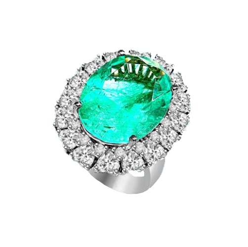 Perfect For Party- Cocktail Ring with Oval Cut Emerald Essence in center surrounded by Heart shape Diamond Essence and Melee. 20.0 Cts. T.W. set in Platinum Plated Sterling Silver.