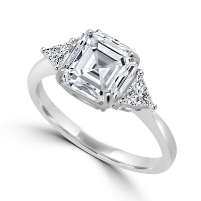 Diamond Essence Ring with 3 Cts. Asscher Cut center Stone and 0.25 Ct Trilliant Stone On Each Side, 3.50 Cts.T.W. In Platinum Plated Sterling Silver.