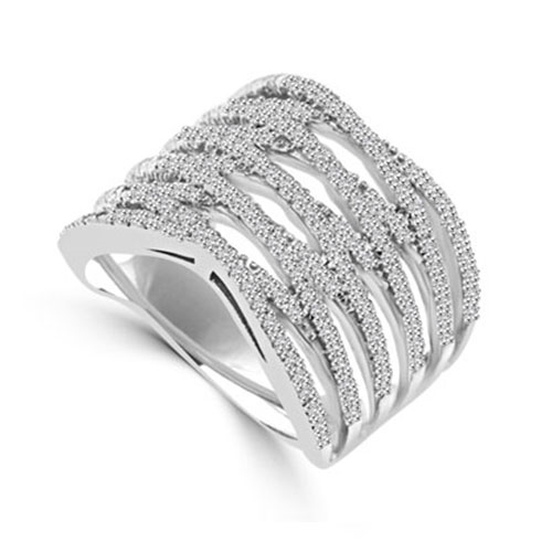 Diamond Essence Designer Cocktail Ring With Brilliant Melee, Set in Platinum Plated Sterling Silver CrissCross Setting.