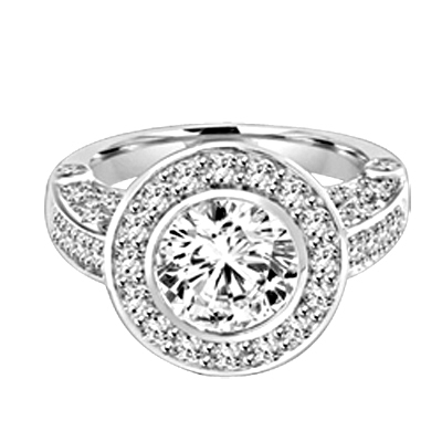 Designer Ring with Bezel Set, 2.0 Cts. Round Brilliant Diamond Essence in center with Melee around and on the band, 2.5 Cts. T.W. set in Platinum Plated Sterling Silver.