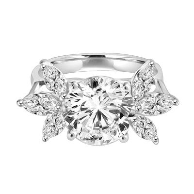 Designer Ring with 3.25 Cts. Round Brilliant Diamond Essence in center accompanied by three Marquise cut Diamond Essences on each side, 3.75 Cts. T.W. set in Platinum Plated Sterling Silver.