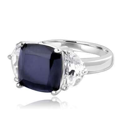 Half Moon Ring -  1.0 Cts. Half Moon Shaped Diamond Essence, set on each side of 4.0 Cts. Cushion cut Onyx Essence in center, 6.0 Cts. T.W. set in Platinum Plated Sterling Silver.