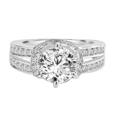 Engagement Ring- 1.75 Cts. Tiffany set Round Brilliant Diamond Essence in center enhanced by melee in curvd setting and two rows of melee on each side, adding more sparkles. 2.25 Cts T.W. set in Platinum Plated Sterling Silver.