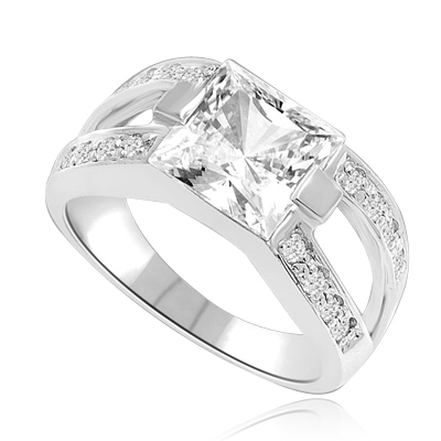 2 CT Princess Cut Ring with Wide Split Band. In Platinum Plated Sterling Silver.