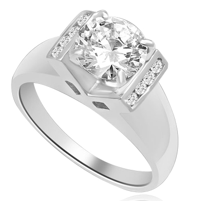 A Brilliant 2 Ct. Round sits smartly atop a wide tapering band with bezel set accentuators. The V Groove is an eye pleaser with 4 prong setting. 2.10 Ct. T.W. In Platinum Plated Sterling Silver.
