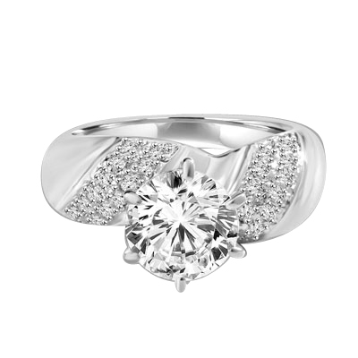 Sparkling Twist - 2.0 Cts. Round Brilliant Diamond Essence Set in center with cluster of Melee, on each side making twisted design, 2.35 Cts. T.W. set in Platinum Plated Sterling Silver.