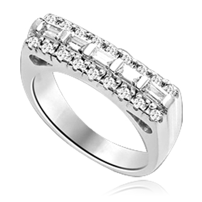 Now this one ring is going to set the pulse thumping! Wide Band is adorned with 5 X 0.25 Ct. Baguettes sexily surrounded by Round Accent Melee. 2 Cts. T.W. In Platinum Plated Sterling Silver.