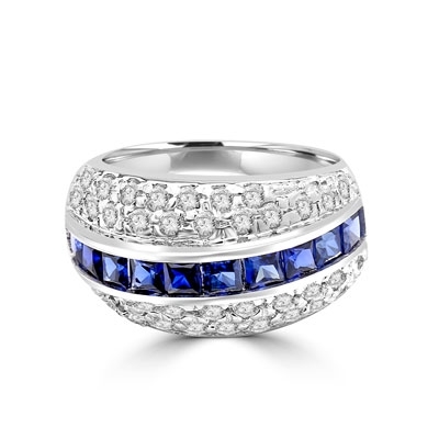 Diamond and Sapphire Ring - Impressive ring, one row of 2.0 Cts. Princess Cut Sapphire Essence stones in center with two rows of melee on each side. 2.50 Cts.T.W. set in Platinum Plated sterling Silver.