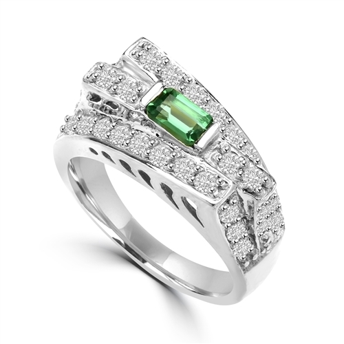 Diamond Essence Designer Ring In Unusual Artistic Design With 0.25 Ct. Emerald Baguettes And Round Melee, 1.75 Cts T.W. In Platinum Plated Sterling Silver.
