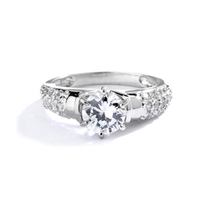 Engagement Ring- Tiffany set, 1.0 Ct Round Brilliant Diamond Essence in center with cluster of sparkling Melee on the band. 1.25 Cts T.W. set in Platinum Plated Sterling Silver.