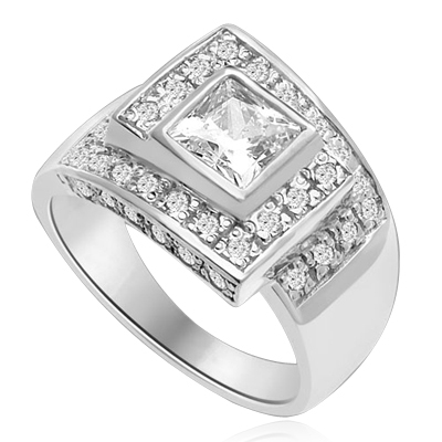 A Designer's Dream Ring that defies all ordinary! 1.5 Ct. Princess Cut is set in mesmerizing maze of channel set round accents. Approx. 3 Cts. T.W. In Platinum Plated Sterling Silver.