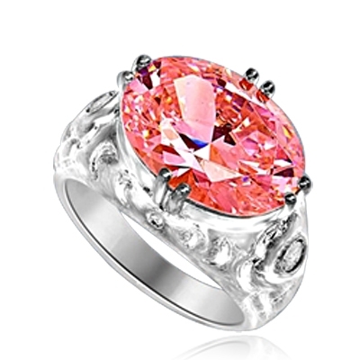 East West Ring - 8.5 Cts. Oval Cut Pink Essence set in heavy, eight prongs setting, with bezel set melee on each side. 8.65 Cts. T.W.  set in Platinum Plated Sterling Silver.