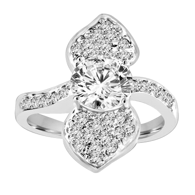 Shining Leaves - Ring with 1.25 Cts. Round Brilliant Diamond Essence in center between two shining leaves, 1.60 Cts. T.W. set in Platinum Plated Sterling Silver.