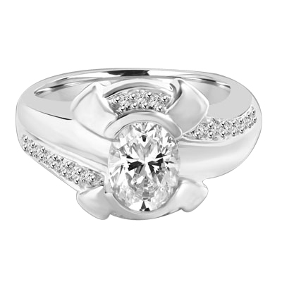 1.25 Cts. Chanel set Oval cut Diamond Essence in center with Melee on top and bottom flowing down on band, 1.50 Cts. T.W. set in Platinum Plated Sterling Silver.