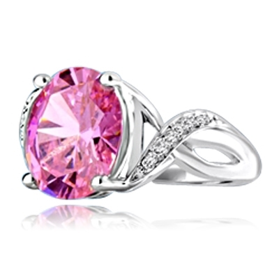Diamond Essence Designer Ring with 5.0 Cts. Pink Oval in center, accompanied by melee on band, 5.65 Cts.T.W. set in Platinum Plated Sterling Silver.