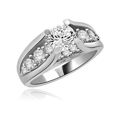 Designer Ring with 1.0 Cts. round Diamond Essence In center. In Platinum Plated Sterling Silver. Available in select Ring sizes.