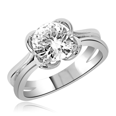 Solitaire Ring with 2.0 Cts. Round Brilliant Diamond Essence, artistically set in four prong setting. Available in select Ring Sizes.