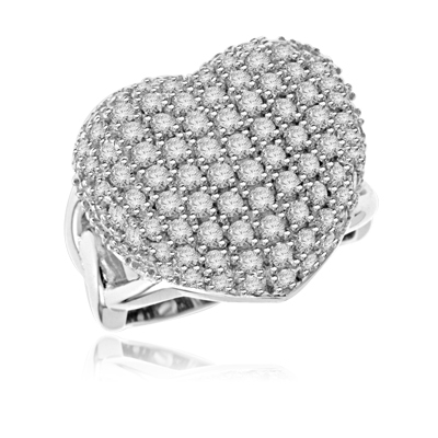 Ring with Cluster of round Diamond Essence stones making a beautiful Heart in Platinum Plated Sterling Silver. 1.75 Cts. T.W. Available in select Ring sizes.