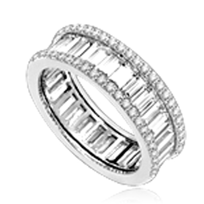 Magnificent Eternity Band with Diamond Essence Baguettes all around, outlined with Diamond Essence melee in delicate prong setting of Platinum Plated Sterling Silver. 4.5 Cts. T.W.