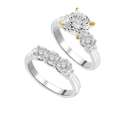 Wedding Ring Set with 2 Ct. Round Brilliant Center and 1.25 Ct. Accent Stones. The Wide Prong is Two Tone to enhance the beauty! 3.25 Cts.T.W. In Platinum Plated Sterling Silver.