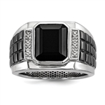 Bezel Set Emerald Cut Onyx and Round Diamond Stones In Platinum Plated Sterling Silver