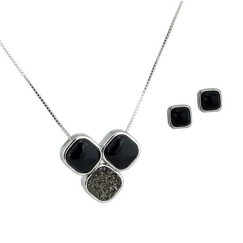 Diamond Essence Black Agate Earring & Pendant in Sterling silver in bezel setting-SSET397BA