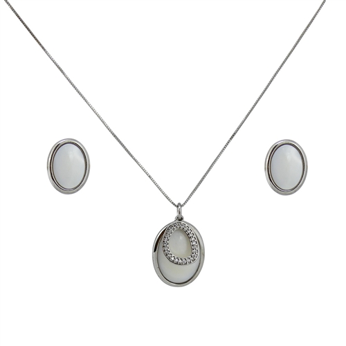 Diamond Essence Mother of Pearl Oval shaped Earring & two piece Pendant in Sterling Silver- SSET402MP