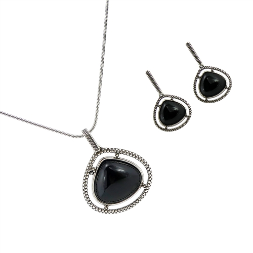 Diamond Essence Black Agate Earring & Pendant in Antique Silver- SSET447BA