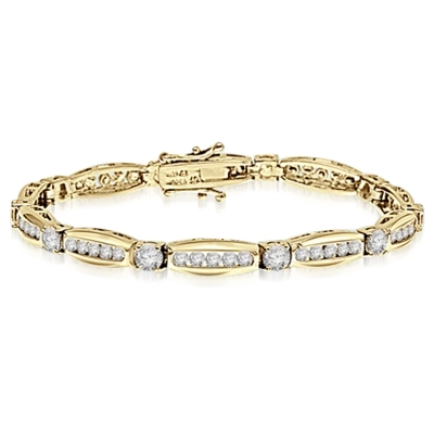 Elegant designer bracelet. Diamond Essence 0.5 ct. stones set in four prongs setting, between tension set melee. 7.0 cts.t.w. in Gold Vermeil.