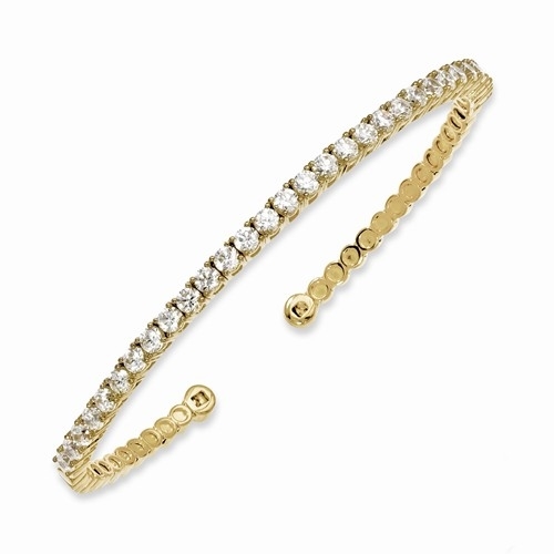 Sterling Silver Gold-Plated Cuff Bracelet, 31 Round Brilliant Diamond Essence stones set in four prongs setting. Approximate 3.0 cts.t.w.