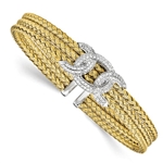 Perfect for every occasion, this woven design gold plated sterling silver cuff bracelet with rhodium plated centerpiece of Diamond Essence round brilliant stones set on a prong setting, 2.5 cts. t.w