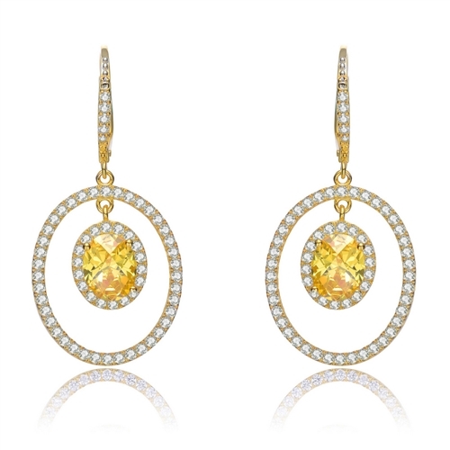Designer Leverback Earring, with 1.5 carat oval Yellow Citrine Essence surrounded by Round Essence melee, Outlined with bigger oval setting with melee. 5.5 cts.t.w. in Gold Plated Sterling Silver.