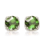 Diamond Essence Earrings With Cushion cut Peridot in Four Prongs surrounded by Brilliant Melee in 14K Gold Vermeil.