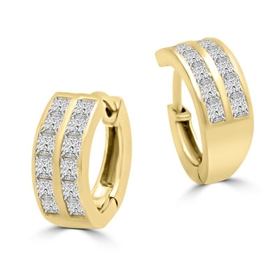 14K Gold Vermeil Huggies With Two Row Of Channel Set Princess Cut Diamond Essence Stone, 1.40 Cts.T.W.