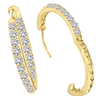 Classic Gold Vermeil hoop earrings with a melee of Round cut Diamond Essence stones orbiting all around your delicate lobes. These highly flattering hoops are also hinged half way around so they can go on and come off in a flash. 2.0 cts.t.w. 1'' diameter