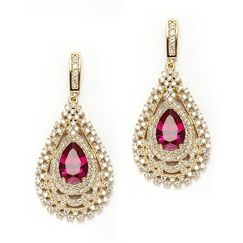 Diamond Essence Designer Earrings with Pear Cut Ruby  center in Gold Vermeil.