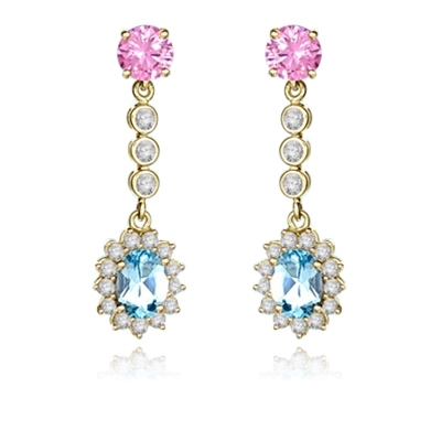 Prong Set Designer Earrings with Artificial Oval Cut Blue Topaz, Round Cut Pink Diamond and Brilliant Melee by Diamond Essence set in Vermeil