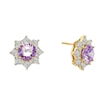 Floral Earrings with 3.50 Cts. Round Lavender Essence in center surrounded by Princess cut Diamond Essence and Melee. 6.50 Cts. T.W. set in 14K Gold Vermeil.