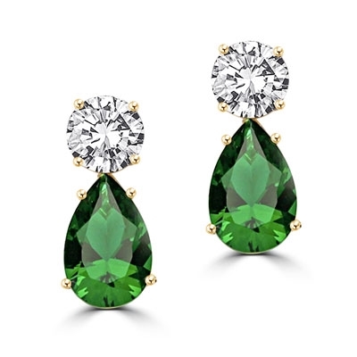 Best Selling Tear Drop Diamond Essence Earrings - White Brilliant Round Stone is 2 Ct and Emerald Pear Stone is 5 Ct. A Brilliant Sparkle of 14 Cts. T.W. for the pair of earrings! In 14k Gold Vermeil.