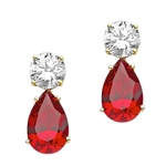 Prong Set Tear Drop Earrings with Artificial Pear Shape Ruby and Round Brilliant Diamonds by Diamond Essence set in Vermeil