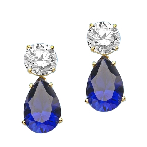 Diamond Essence Earrings, 5.0 Cts. each Pear cut Sapphire Essence dropping off from 2.0 Cts. each Round Diamond Essence Studs, 14.0 Cts. T.W. set in 14K Gold Vermeil.