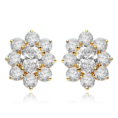 Flower Cluster - Each Earring with 1.0 Cts. Oval Center surrounded by Round Diamond Essence, 4.0 Cts. T.W. set in 14k Gold Vermeil.