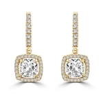 Diamond Essence Leverback Earrings with 1.0 ct. Cushion cut Round Brilliant Melee, 2.50 cts.t.w. in Gold Plated Sterling Silver.