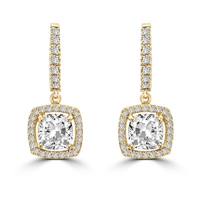 Diamond Essence Leverback Earrings with 1.0 ct. Cushion cut Round Brilliant Melee, 2.50 cts.t.w. in Gold Plated Sterling Silver.