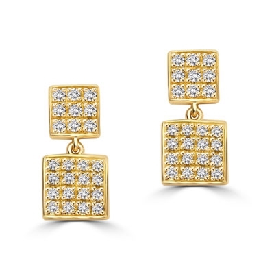 Square double dangle earrings set with round accents on both drops. 1.5 Cts. T.W. In 14k Gold vermeil.