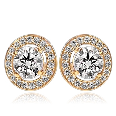 Round stone earrings - 1.25 Cts. each Round Brilliant Diamond Essence surrounded by circle of Diamond Essence Melee. 2.90 Cts. T.W. set in 14k Gold Vermeil.