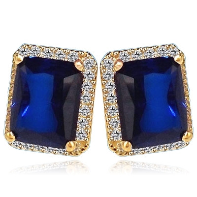 Sapphire Earrings - 4.0 Cts. Emerald cut Sapphire Essence set in center with sparkling Melee around. 8.5 Cts. T.W. set in 14k Gold Vermeil.