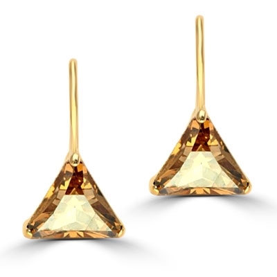 Diamond Essence Designer Earrings, each with 1.5 Cts.Trilliant cut Champagne Essence set in three prong setting. 3 Cts. T.W.