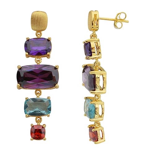 Diamond Essence Gold Plated Sterling Silver Earrings with Multi Color Rectangular Cushion Stones, 1.5 cts. Dark Purple 5 cts. Dark Amethyst, 1.5 cts. Aquamarine and 0.75 ct. Garnet Essence. 17.5 Cts.T.W.
Earring length 42mm and width 14mm.