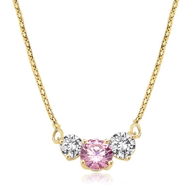 Pink Essence stone accompanied by Diamond Essence stones on each side to make delicate but stunning looking necklace, 14K Gold Vermeil. 4.0 cts. T.W. on 16 inch vermeil Chain.